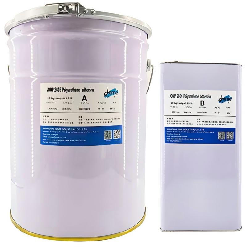 White pail and metal can of JMF 210 nylon adhesive A and B components