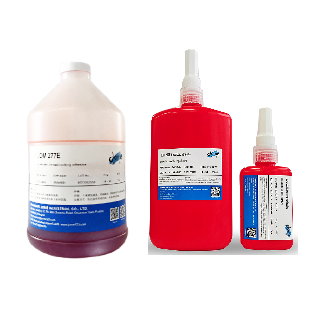 Three red and white bottles of JME 2776 adhesive and primer