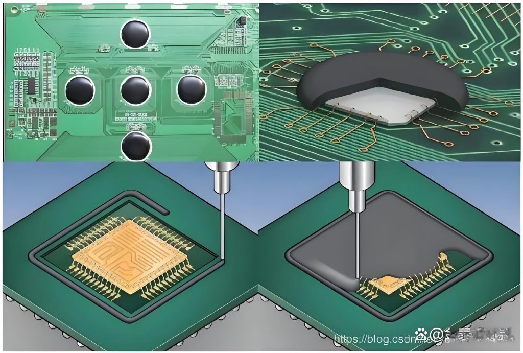Three-panel PCB with gold die attach adhesive dispensing illustration