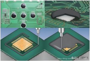 Three-panel PCB with gold die attach adhesive dispensing illustration