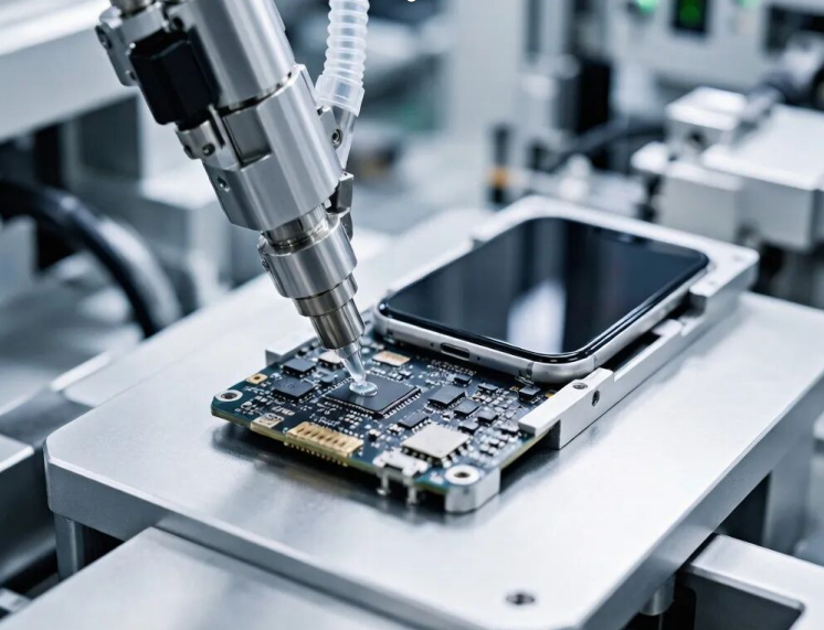Robotic dispensing of adhesive onto a smartphone circuit board assembly