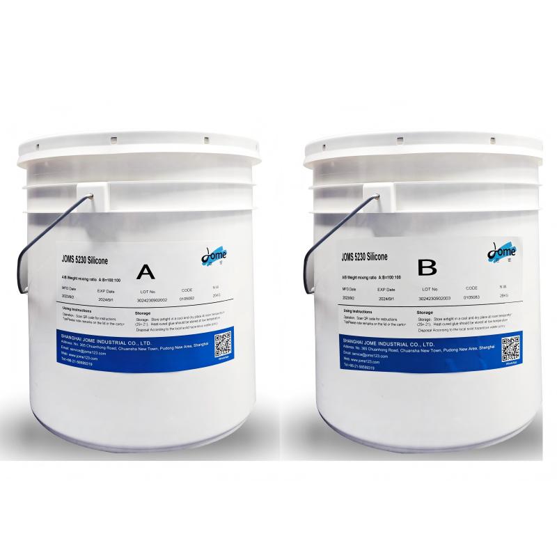 Two white pails of JOME 320W A and B two-part adhesive