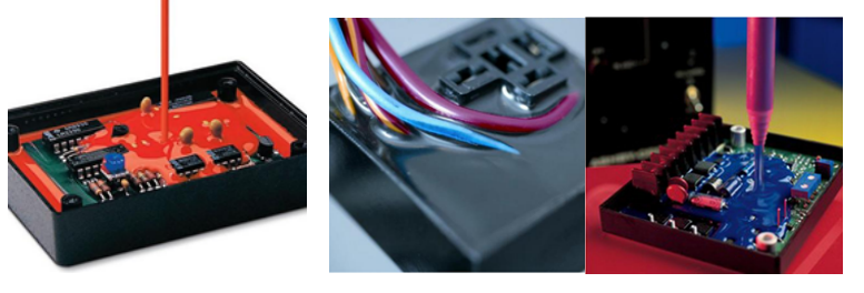 Three-panel robotic dispensing scenes with blue tech overlays on electronics production