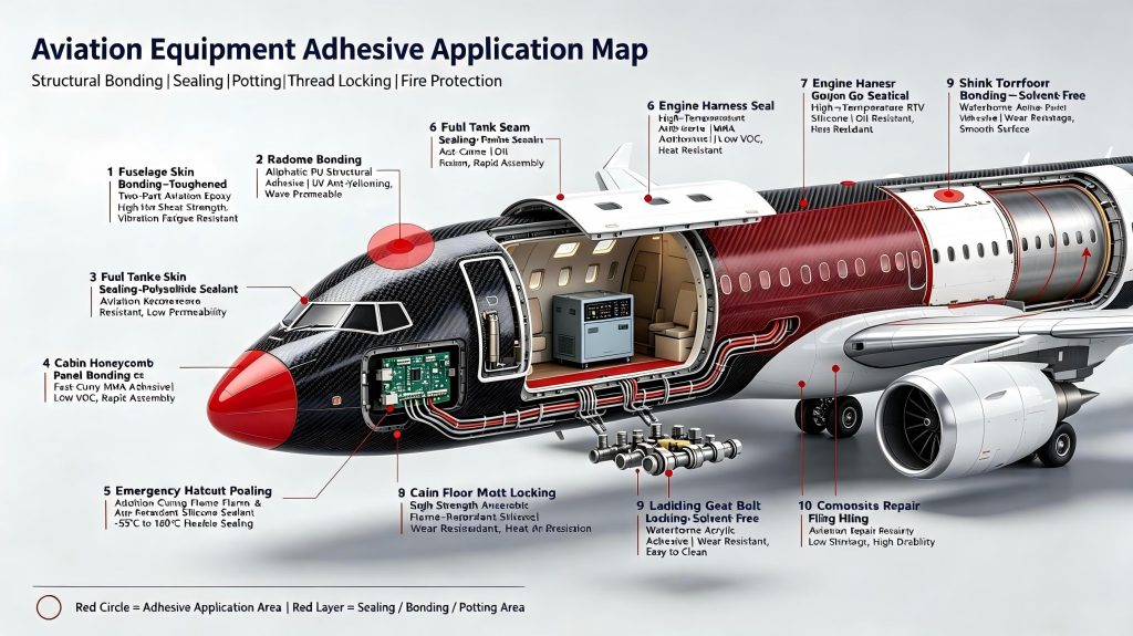 Aviation equipment adhesive application map on aircraft