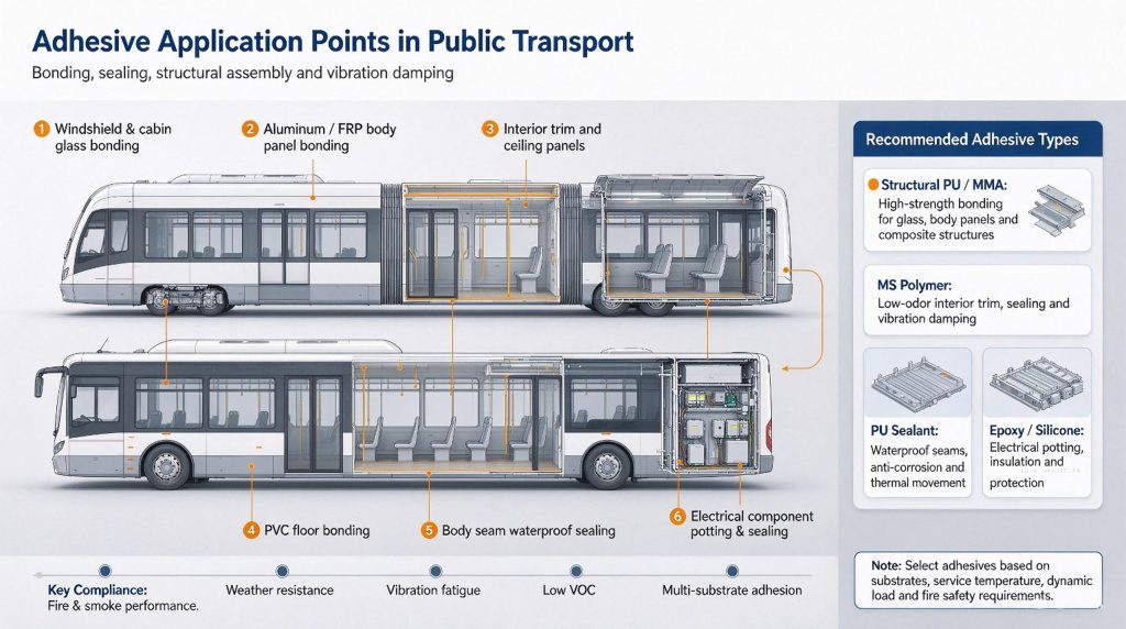Public bus interior and exterior adhesive application points diagram