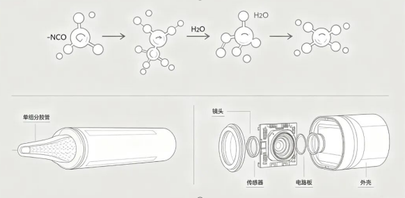 UV resin chemical reaction scheme with lamp curing equipment drawings