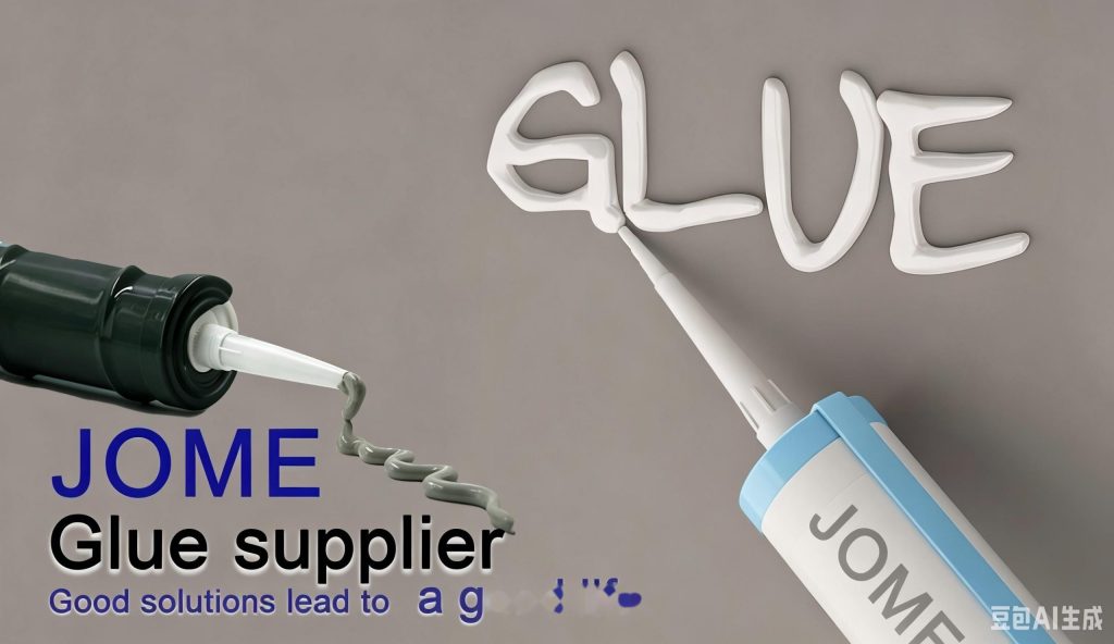 JOME glue supplier banner with bottle writing GLUE in white adhesive