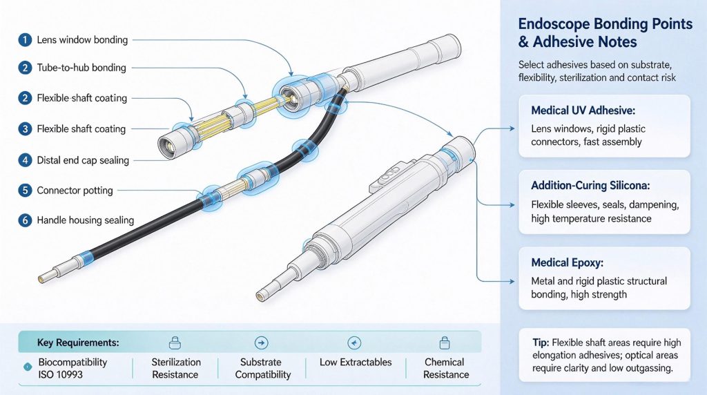 Medical catheter bonding process diagram with labeled adhesive points