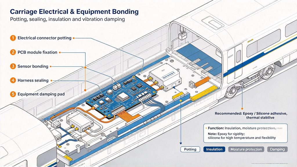 Train carriage electrical and equipment bonding diagram with PCB layouts