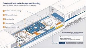 Train carriage electrical and equipment bonding diagram with PCB layouts