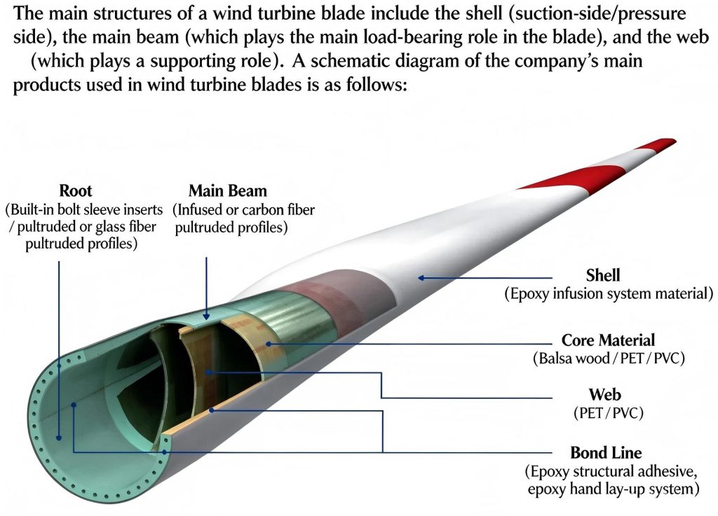 Wind turbine blade structure diagram with shell, main beam and web labels