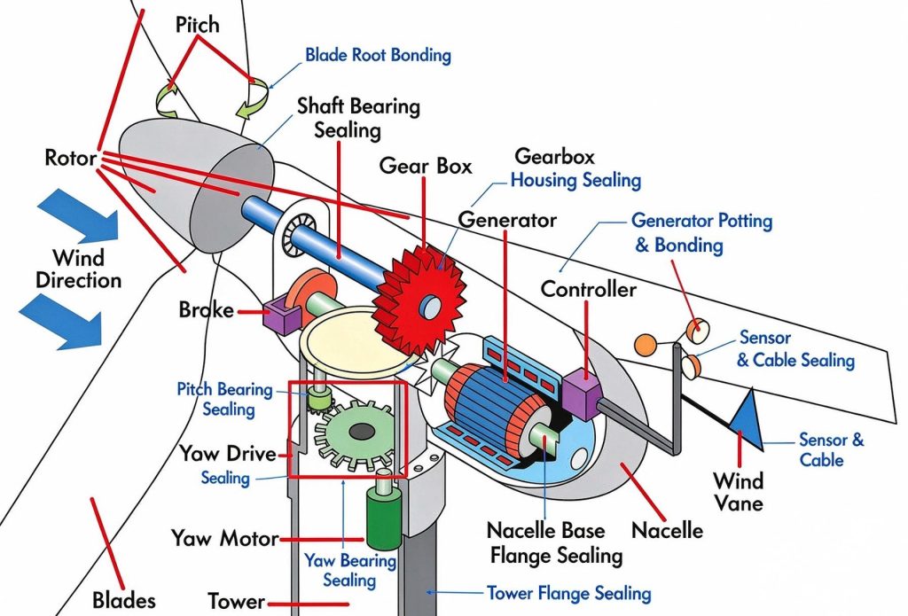 Wind turbine nacelle sealing and bonding diagram with labeled points